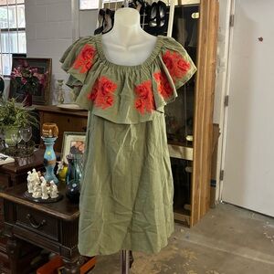 Umgee Olive Dress with Red Floral Accents